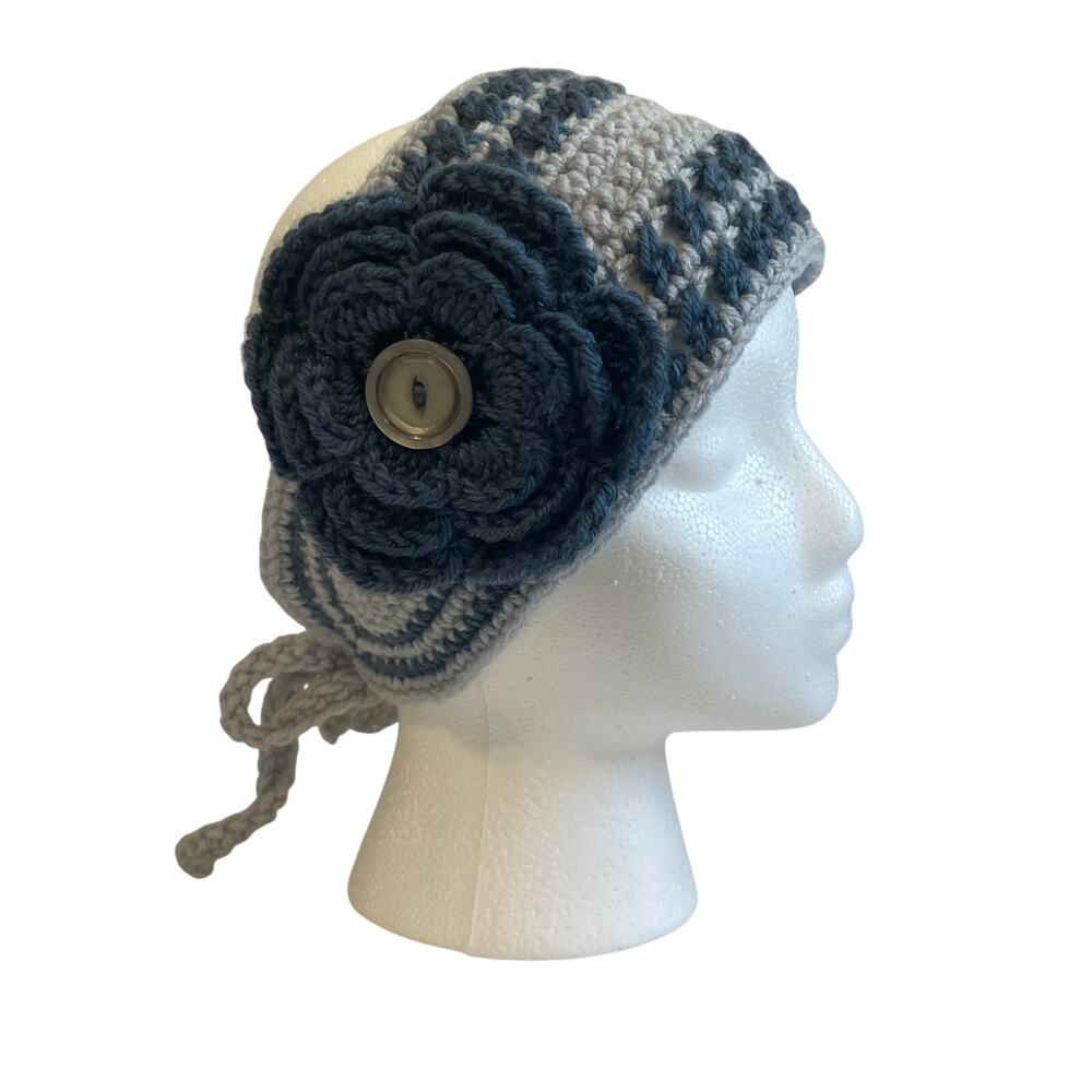 Handmade Crochet Headband Blue Flower Barrette Adjustable Ear Warmer One Size